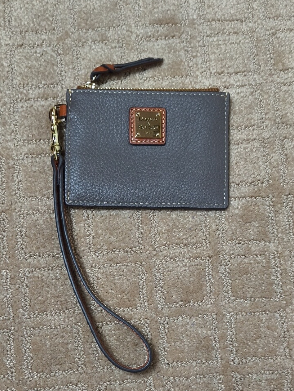 Dooney & Bourke Gray Pebbled Leather Wristlet with Brown Trim